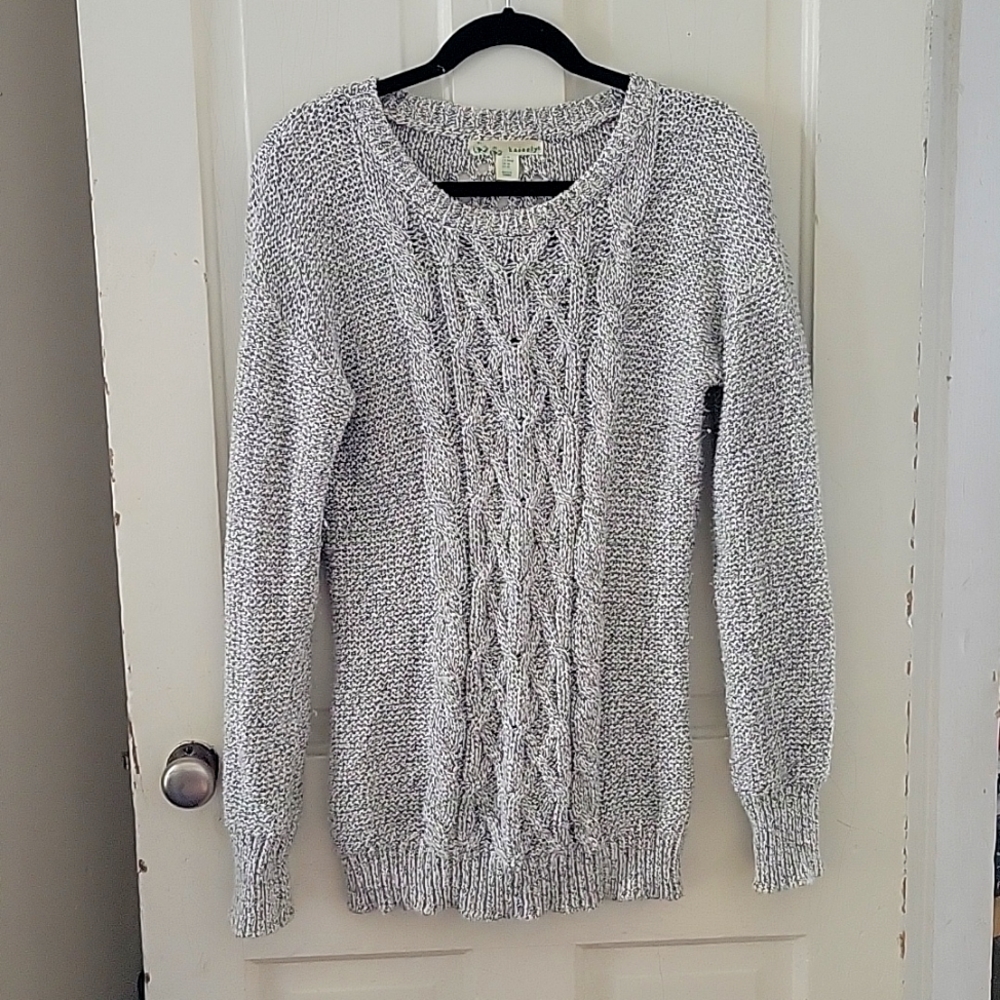 Open stitch tunic length cable knit sweater